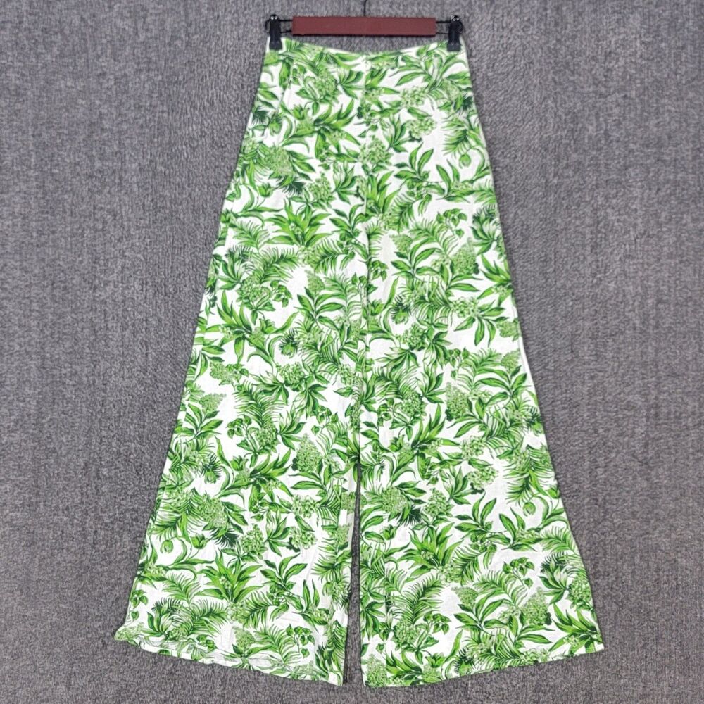 Midnight Sky Pants Womens Small Green White Floral Tropical Wide Leg Linen Blend